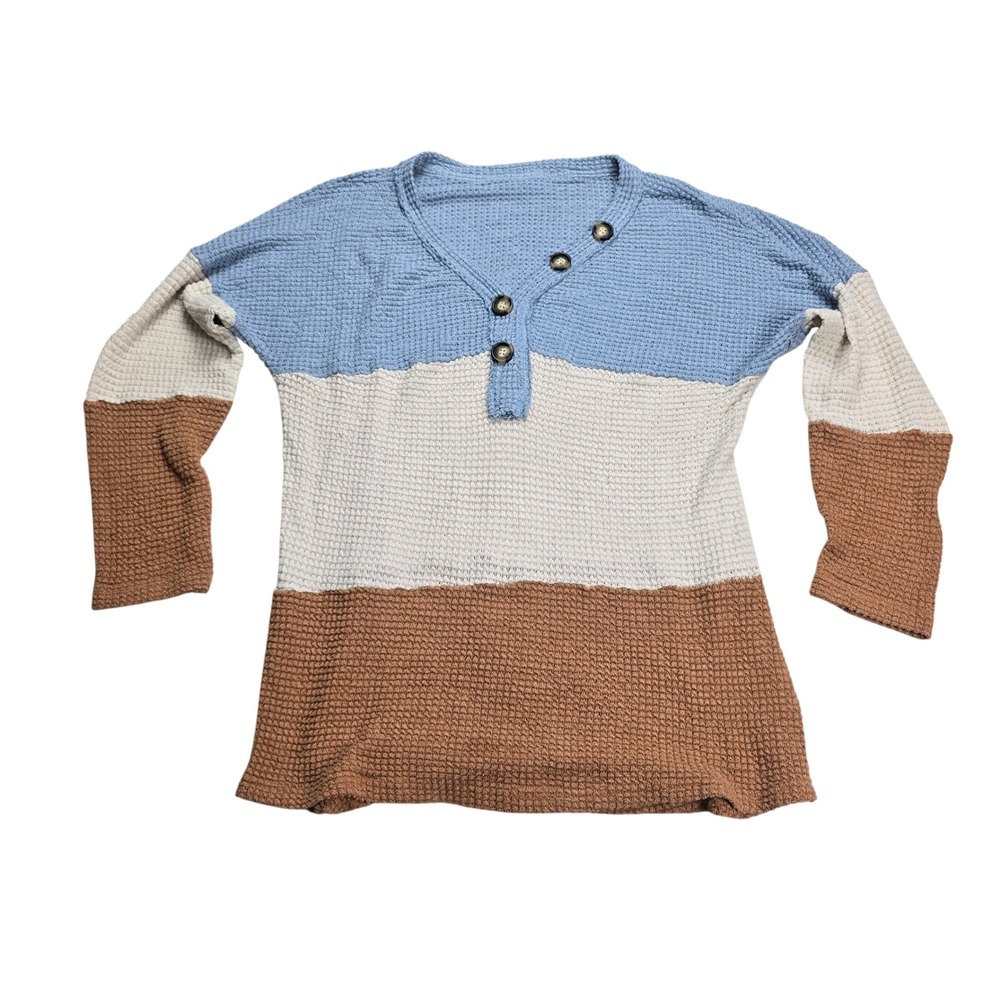 No Drama Henley Top Women Large Blue Brown Colorblock Good‎ Waffle Knit Thermal